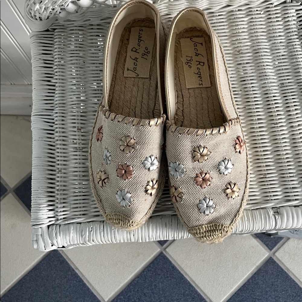 Jack Rogers Beige Canvas Espadrilles with Metallic Flower Accents